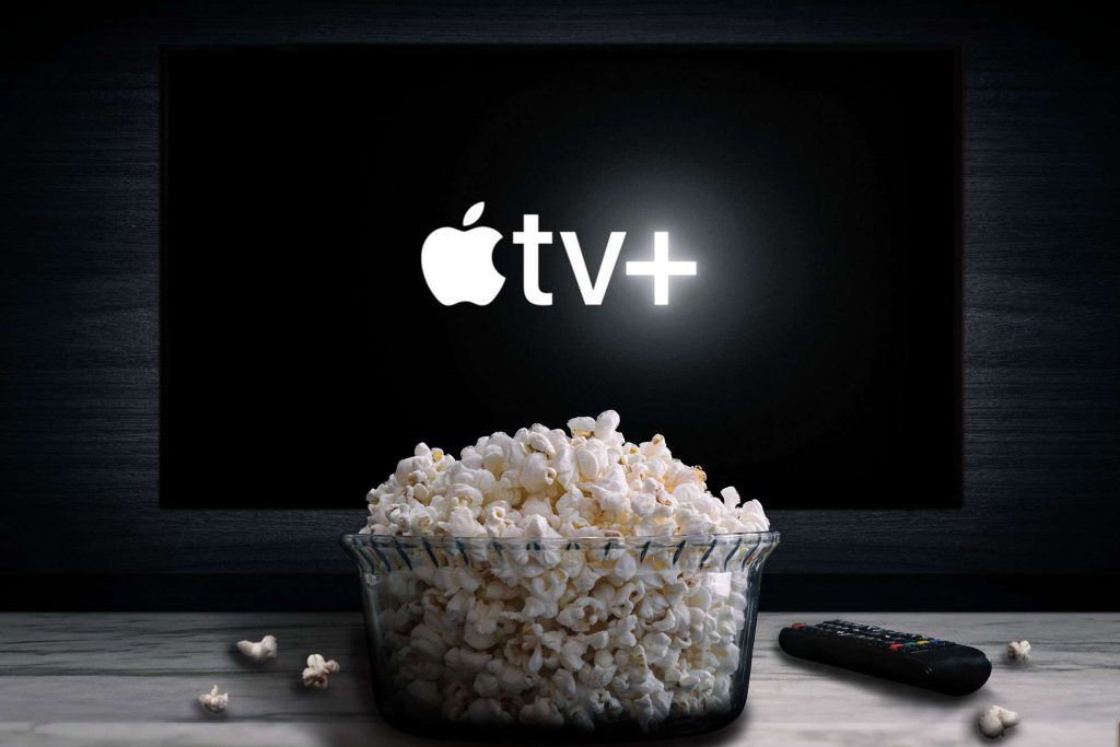 Photo of Apple TV+ startup screen with popcorn and remote