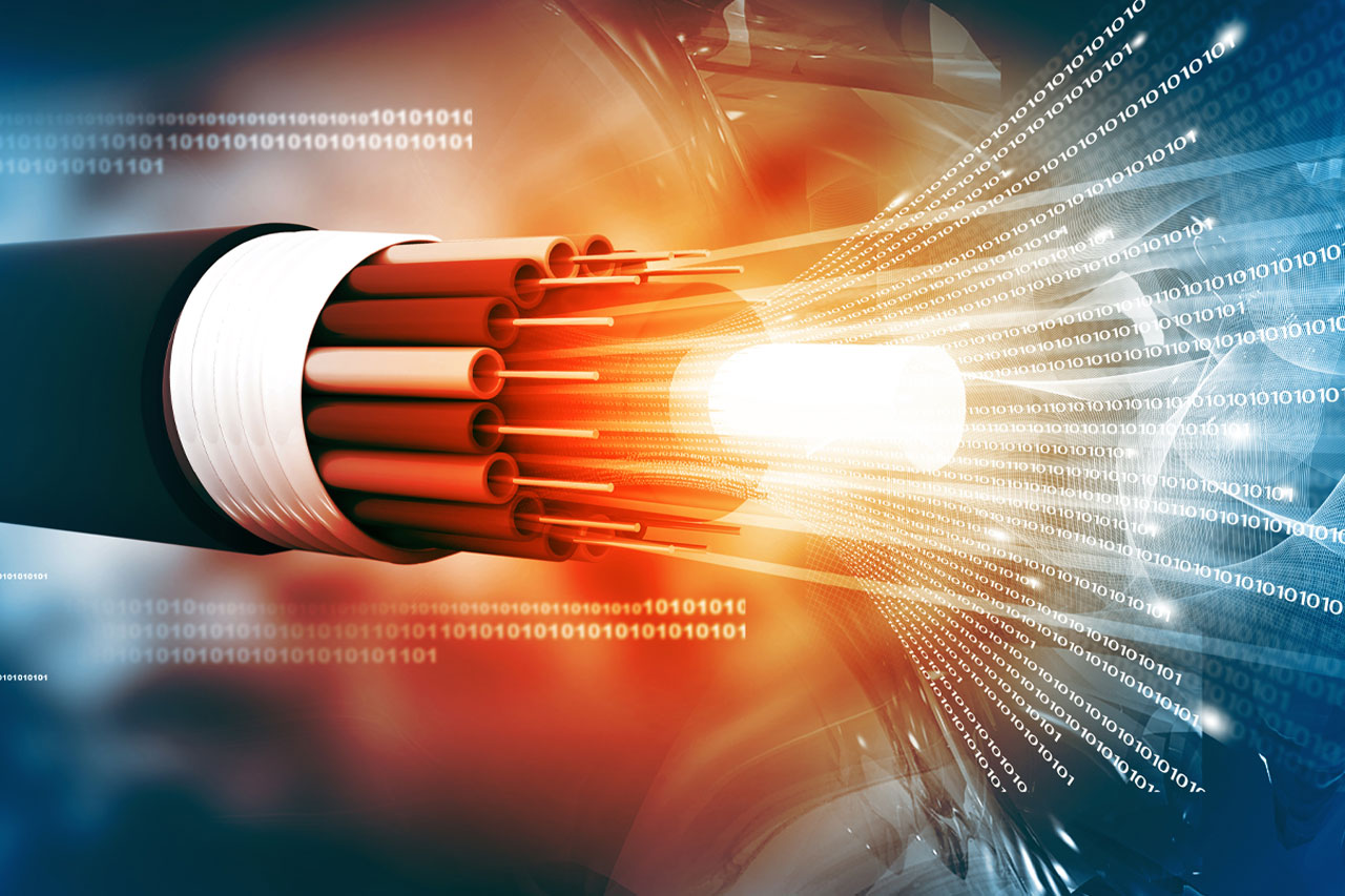 cross section of a fiber optic cable with 1 and 0 coming from the cable