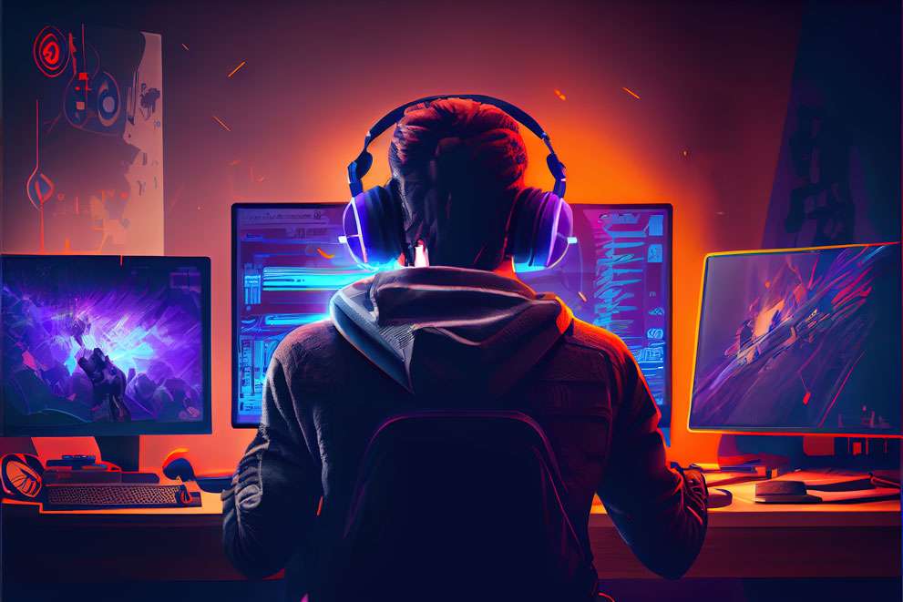 illustration of a male gamer with headphone on playing on a computer