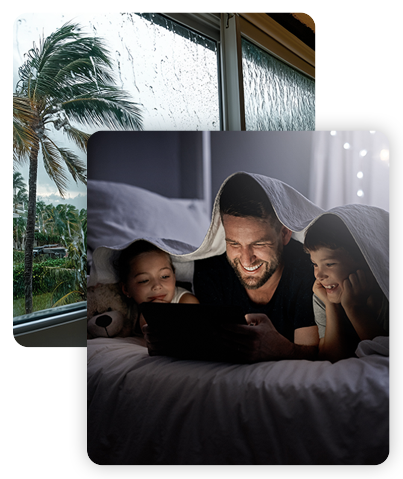 Built for the Florida Weather and Lifestyle Florida storm outside and a young family comfortable using a tablet in bed