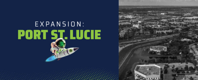 Wire 3 graphic reading "Expansion: Port St. Lucie" with a rocket mascot and an aerial view of Port St. Lucie, Florida