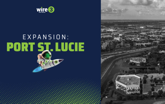 Wire 3 graphic reading "Expansion: Port St. Lucie" with a rocket mascot and an aerial view of Port St. Lucie, Florida