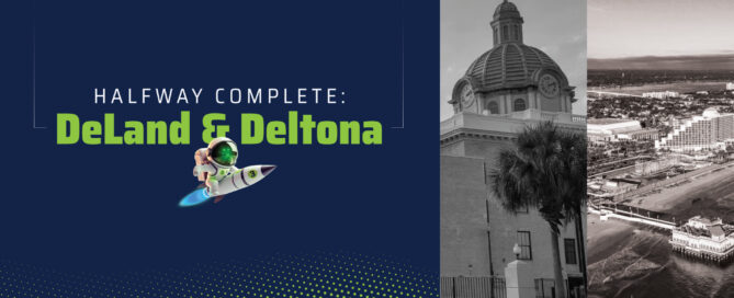 Wire 3 graphic reading "Halfway Complete: DeLand & Deltona" with a mascot astronaut riding a rocket, alongside historic DeLand and Daytona Beach imagery