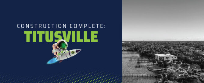Wire 3 graphic reading “Construction Complete: Titusville” with a rocket mascot and an aerial view of the Titusville, Florida waterfront